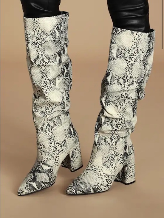 Lulus Shoes - Lulu's White and Black Snake-Print Slouchy Block Heel Boots